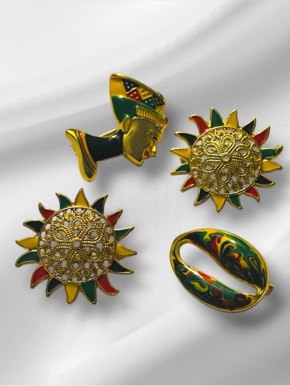 Sassy Jones Enamel Afrikaan Queen Bib Brooches - Gold-tone, Green, Red, Black